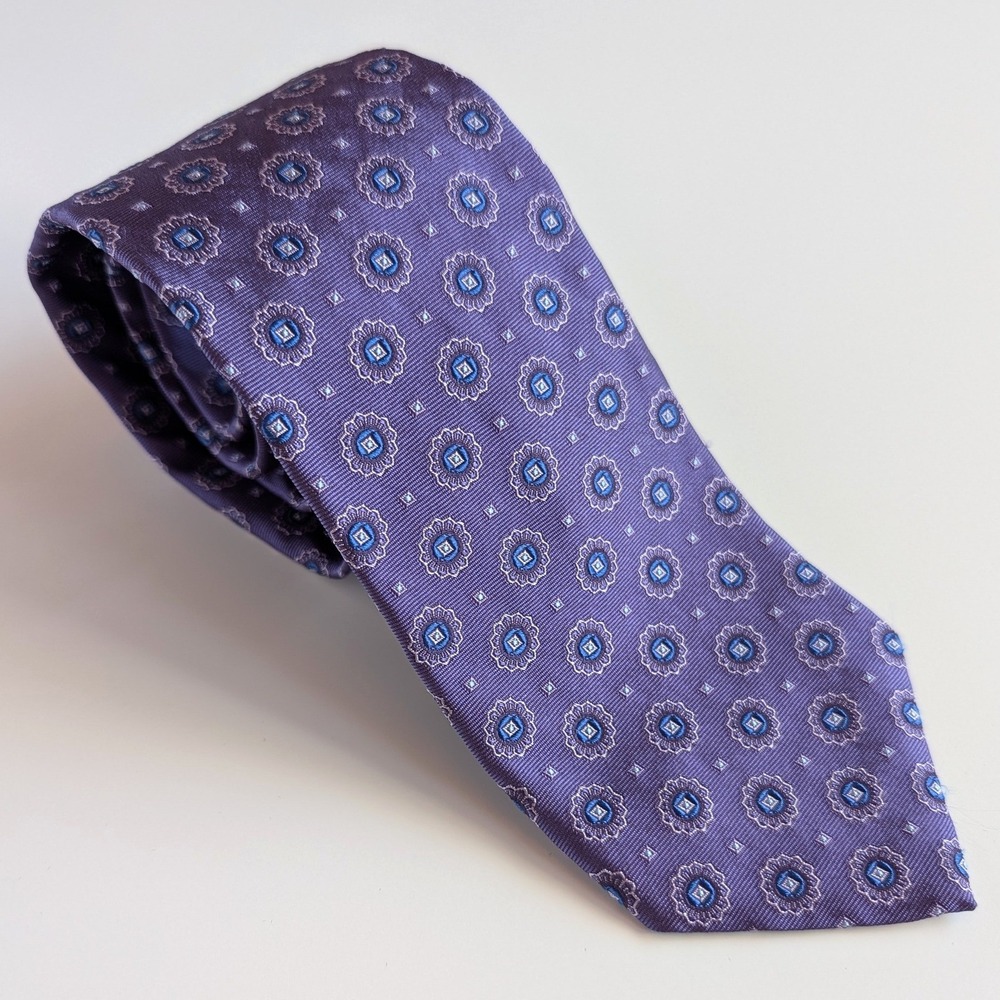 Brooks Brothers Mens Purple Blue Medallion Silk Tie Made in‎ USA Italian Fabric